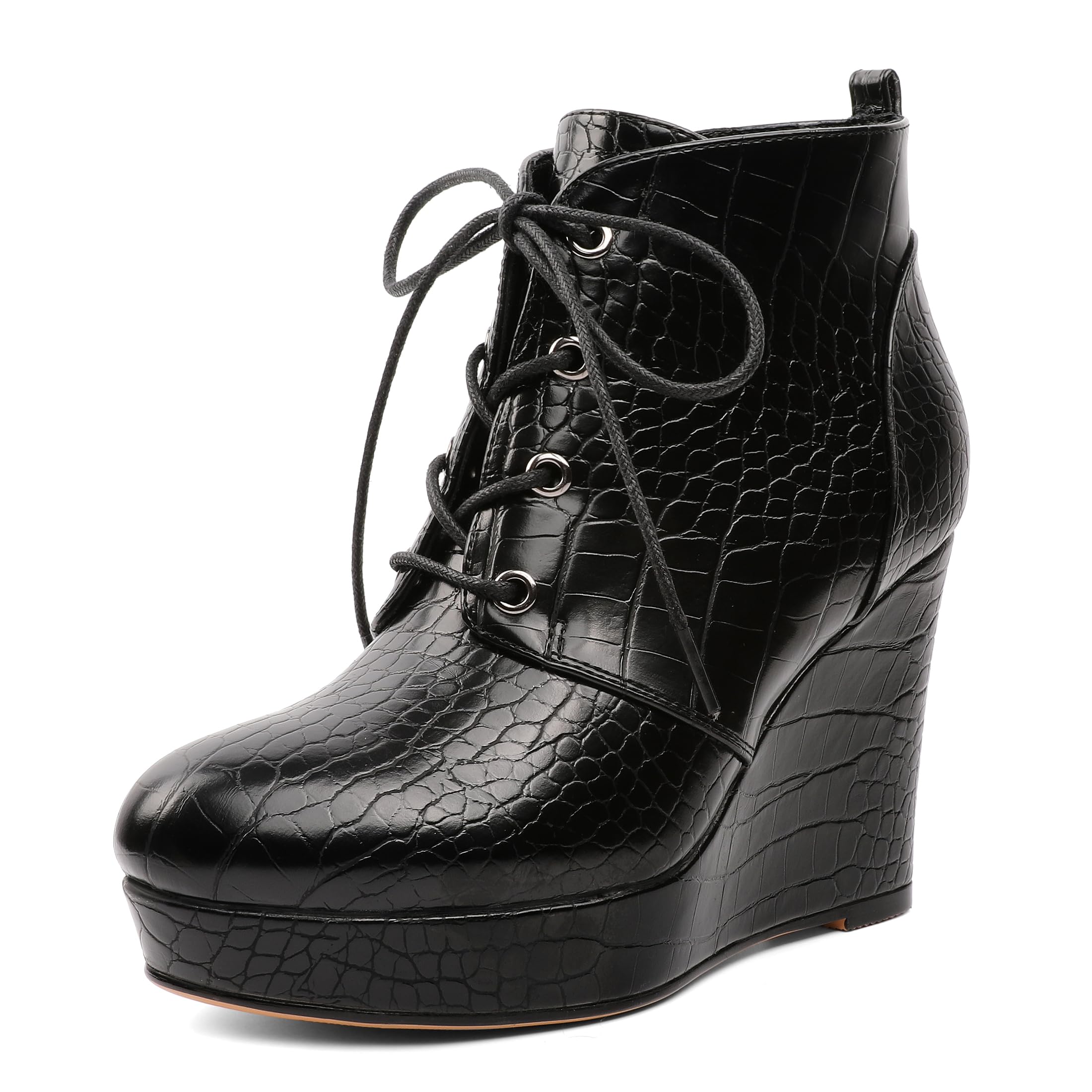 Wedge Ankle Boots Womens Platform Short Bootie Round Toe Lace up Wedge Heels Boots 4 Inch Warm Dress