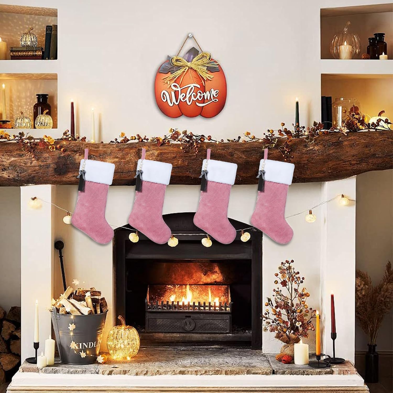 Pink Velvet Quilted Personalized Christmas Stocking,19.5 Inch Fireplace Hanging Stockings with Blank Wooden Tags DIY Name,Family Holiday Decorations and Xmas Gift(Pink 4Pcs)