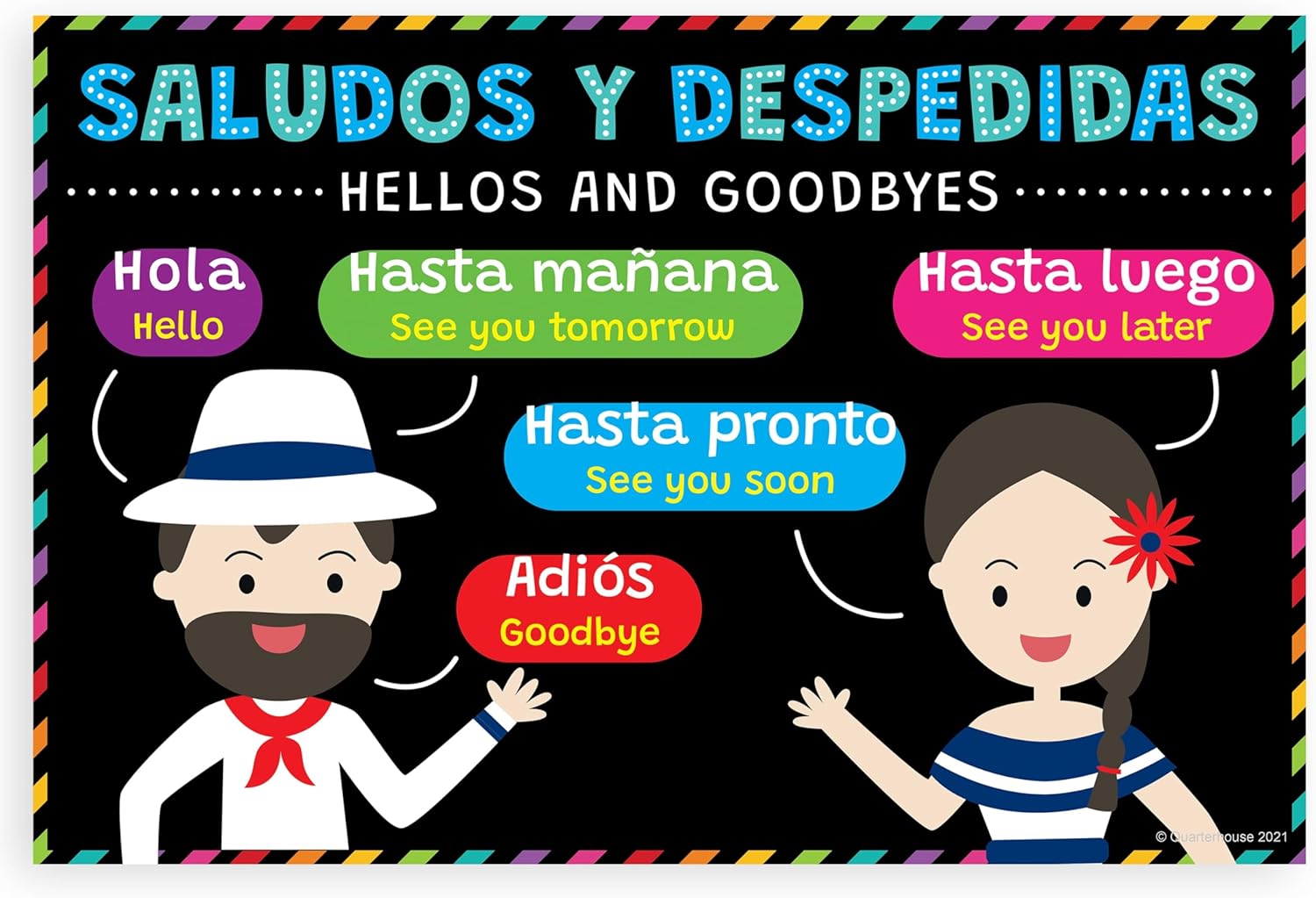 Quarterhouse 5 Poster Spanish Greetings and Sayings Set, Spanish Classroom Learning Materials for Pre-K and K-12 Students and Teachers, 12 x 18 Inches, Made in USA