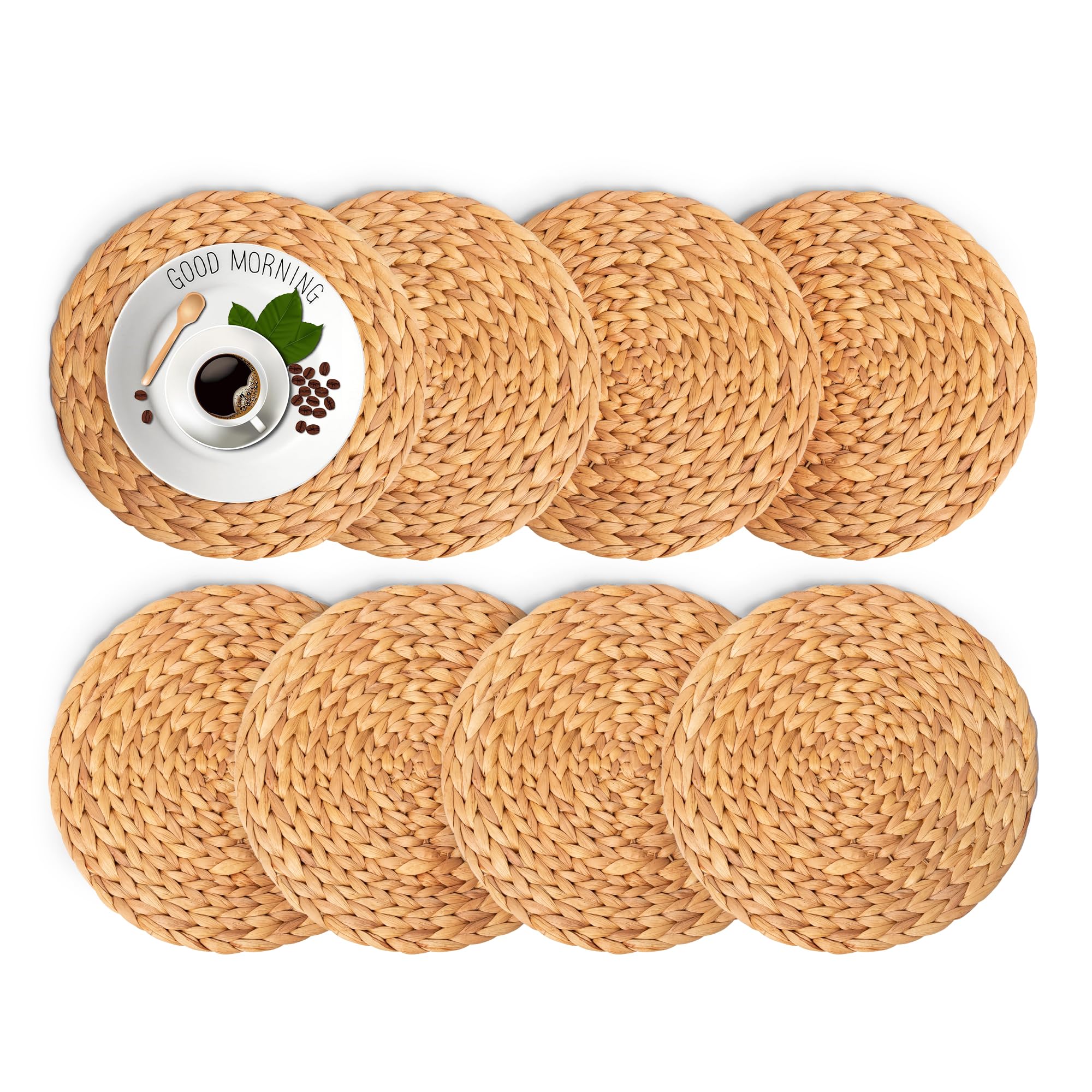 Defined Deco Woven Placemats Set of 8,13" Round Rattan Placemats,Natural Hand-Woven Water Hyacinth Placemats,Farmhouse Weave Place Mats,Rustic Braided Wicker Table Mats for Dining Table,Home,Wedding.