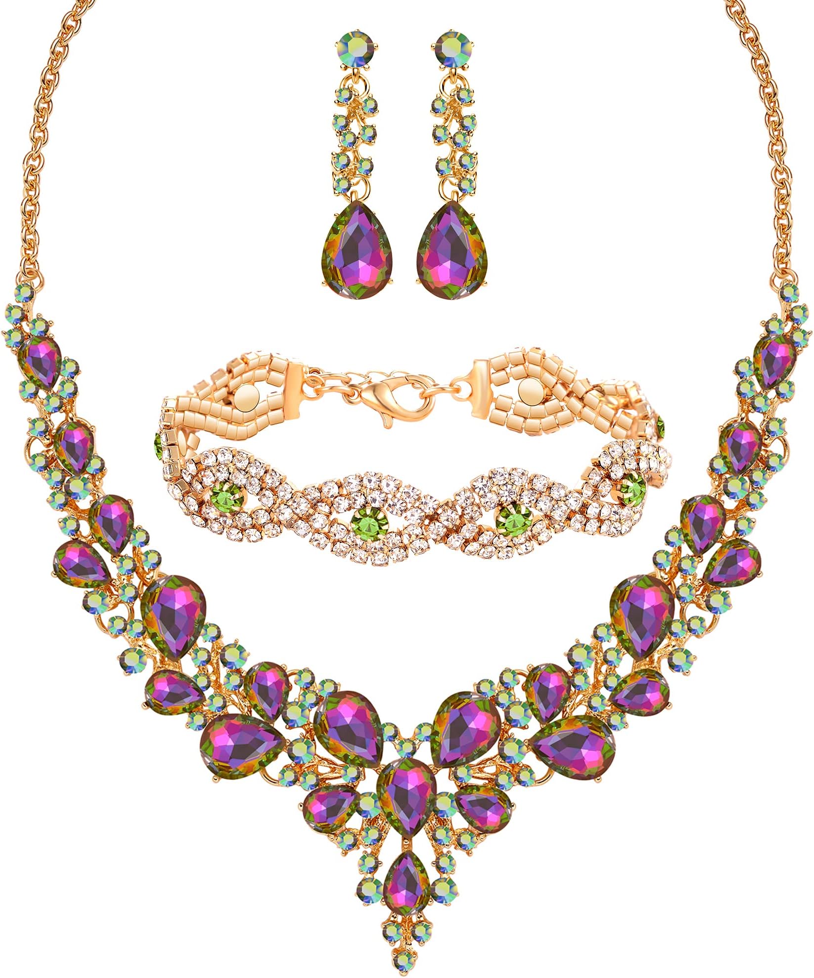 Miraculous Garden 3/4 Pieces Women Jewelry Set Artificial Rhinestone Crystal Bride Statement Choker Necklace Tiara Crown Link Bangle Bracelet Teardrop Dangle Earrings Set