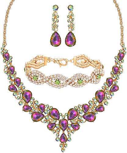 Juego de joyas para mujer de diamantes de imitación, juego para fiesta de boda, corona de tiara, collar gargantilla, pulsera de eslabones, aretes