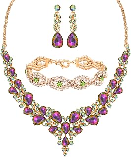 3/4 Pieces Women Jewelry Set Artificial Rhinestone Crystal Bride Statement Choker Necklace Tiara Crown Link Bangle Bracelet Teardrop Dangle Earrings Set