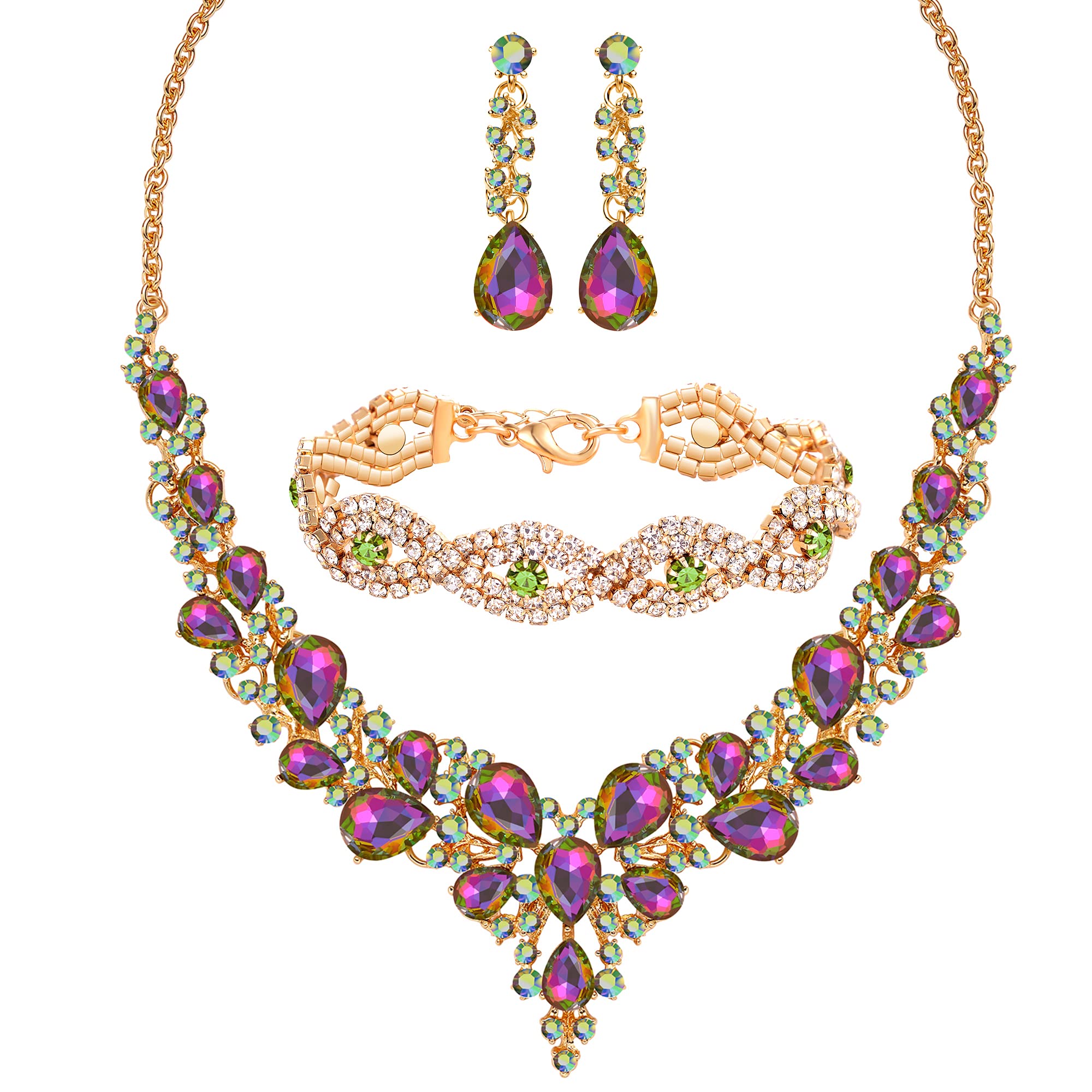 Miraculous Garden 3/4 Pieces Women Jewelry Set Artificial Rhinestone Crystal Bride Statement Choker Necklace Tiara Crown Link Bangle Bracelet Teardrop Dangle Earrings Set