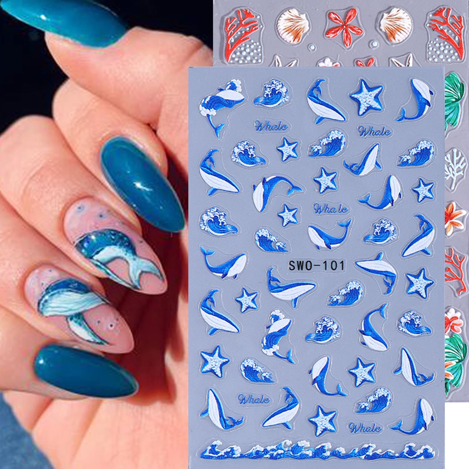 2 Sheets Summer Ocean Nail Art Stickers Ocean Shells Starfish Marine Animal Nail Stickers 3D Self-Adhesive Nail Decals for Women DIY Holiday Manicure