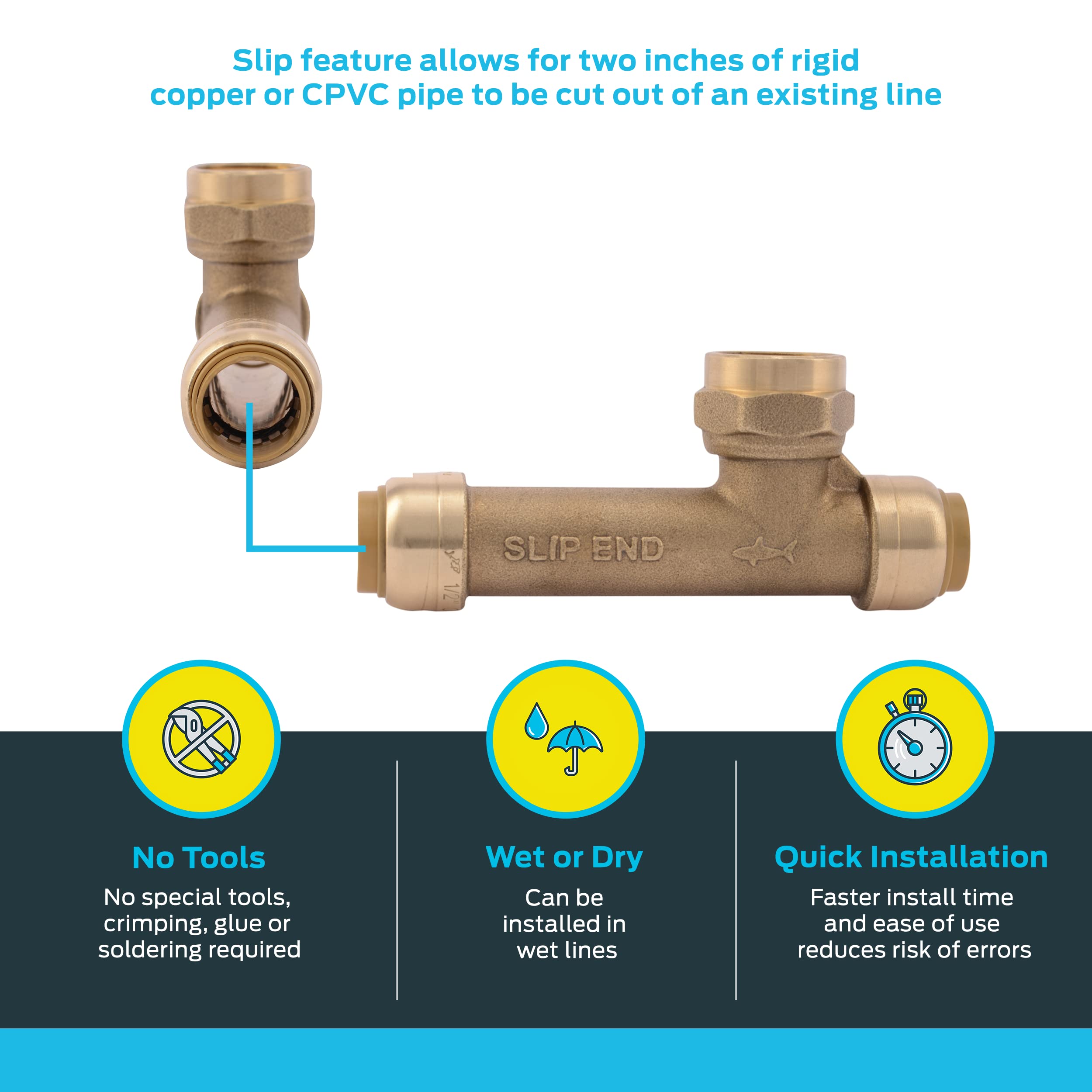Sharkbite 1/2 inch FNPT Slip Adapter, Pack of 3, Push to Connect Brass Plumbing Fitting, Copper, CPVC, U3482LF - Image 3