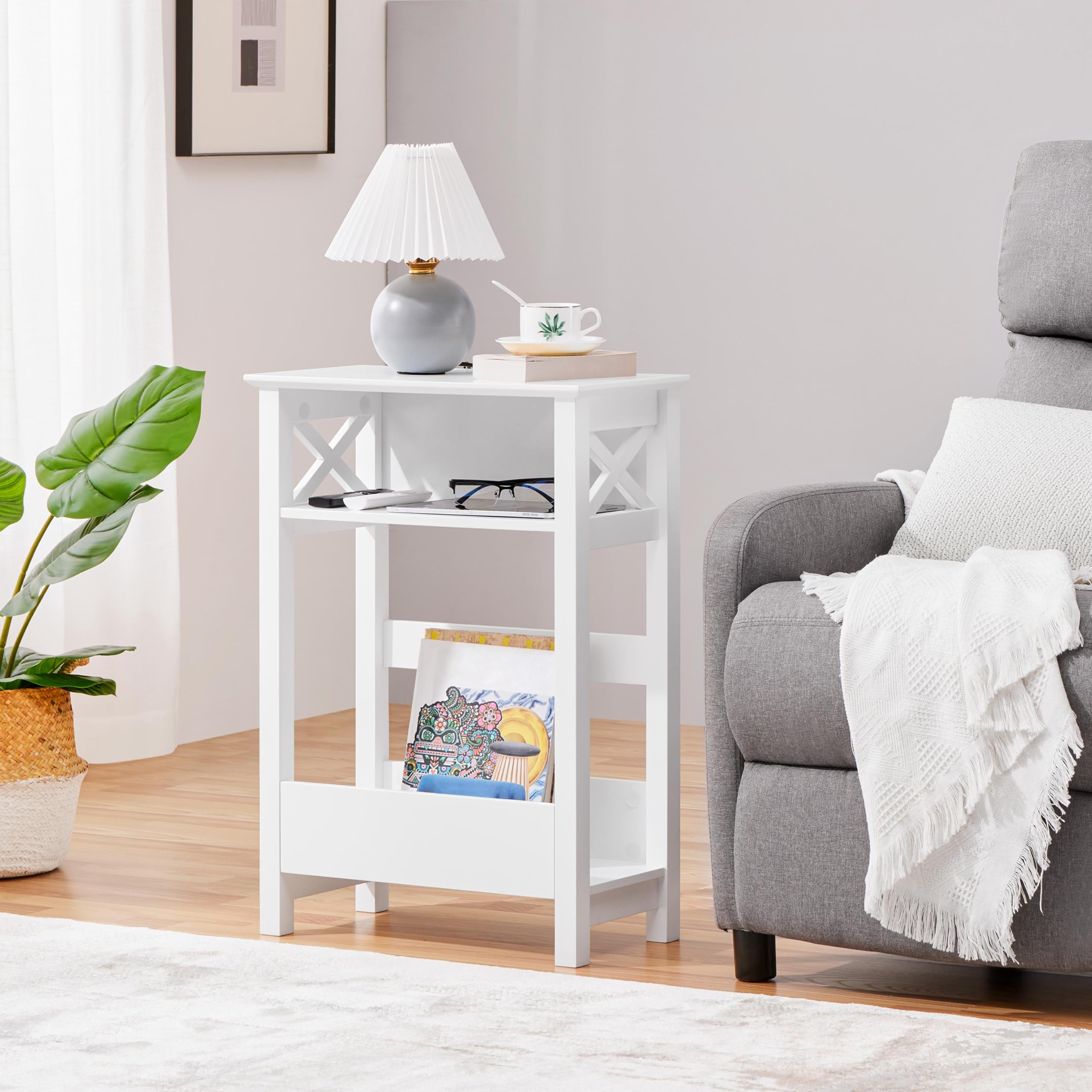 Yaheetech Beistelltisch Couchtisch 3 Ebenen Nachttisch 50×25×70 cm, Weiß | Sofatisch mit Offenem Ablagefach & Zeitschriftenablage X-förmiger Kaffeetisch für Schlafzimmer/Wohnzimmer