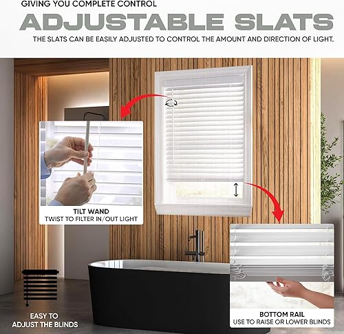 Miniatura 6 de Ultra Premium - Persiana de madera sintética blanca de 2 pulgadas para ventanas de 8 12 pulgadas de ancho x 72 pulgadas de largo, corte