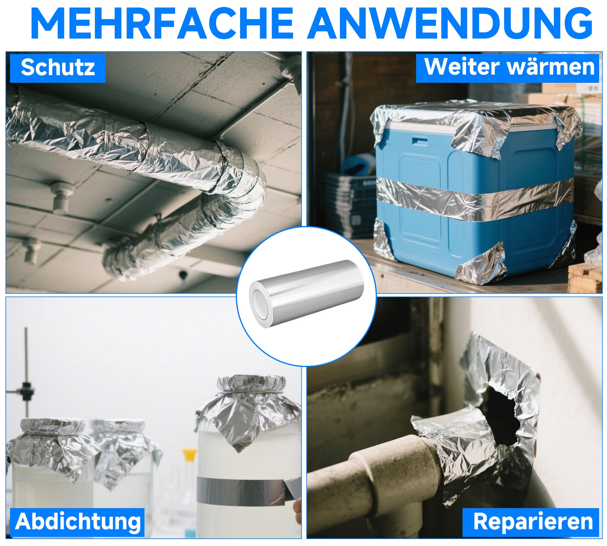 bimiti 300mm x 50m Aluminium klebeband, 0,08mm Dickes Aluklebeband | Selbstklebend Alufolie Hitzebeständig, Wasserdicht, für HVAC, Rohrisolierung, Kaminabdichtung, Reparaturen
