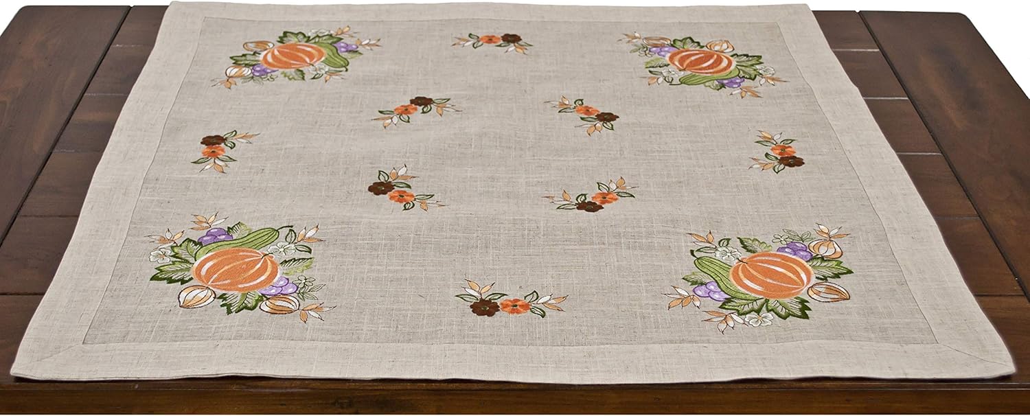 Fall Embroidered Pumpkin and Grapes on Beige Polyester Blend Linen with Border Hem and Fall Flowers (33Wx33L)