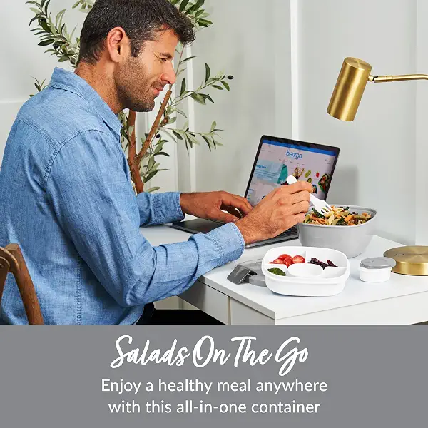 Bentgo Salad Container, Lunch Bowl with 4-Compartment Toppings Tray, 54 oz | Leak-Proof Dressing Container, Reusable Fork, BPA-Free, Microwave & Dishwasher Safe (Gray) 2
