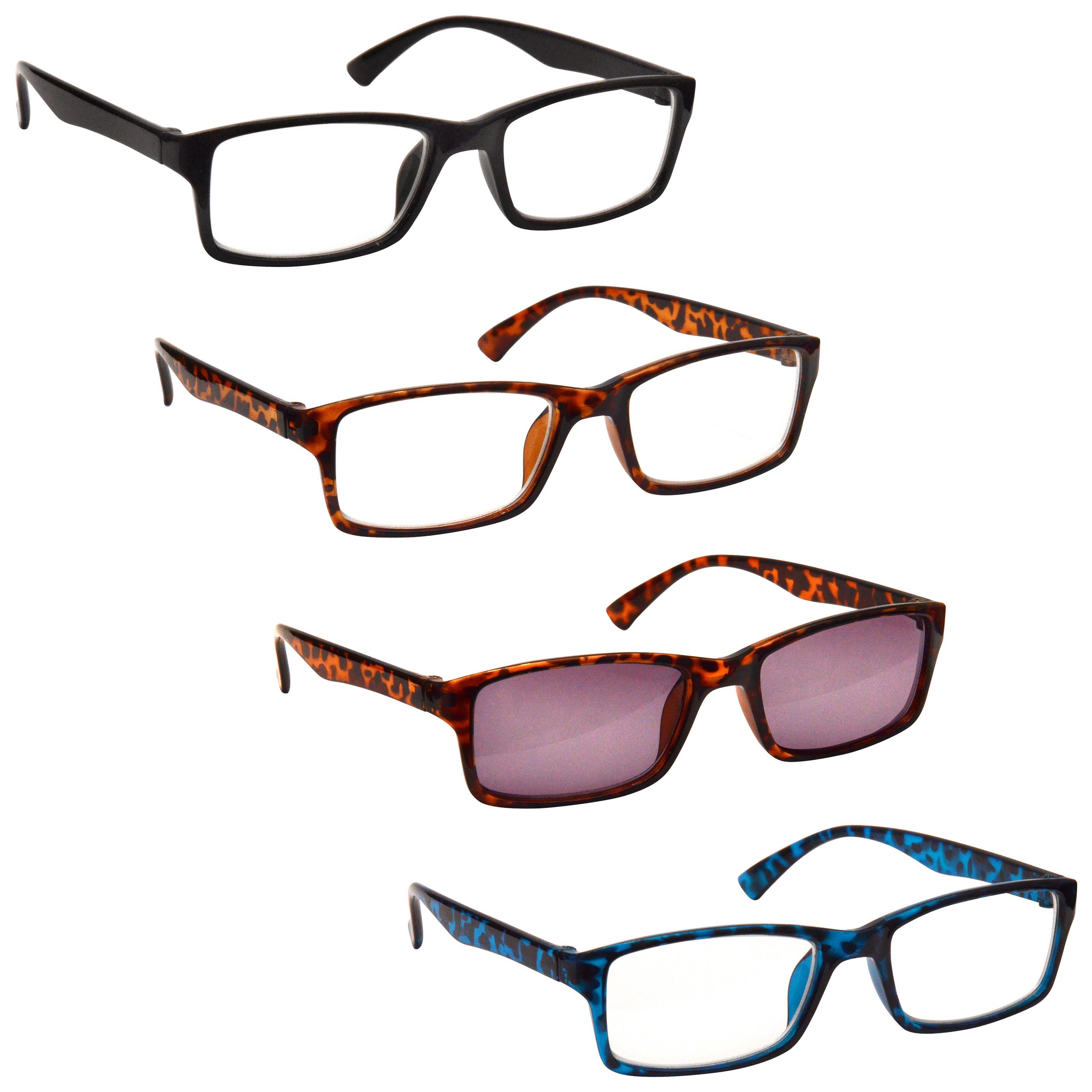 The Reading Glasses Company Black Brown Blue Readers with Brown Sun Reader Value 4 Pack Mens Womens RRRS92-1232 +2.00