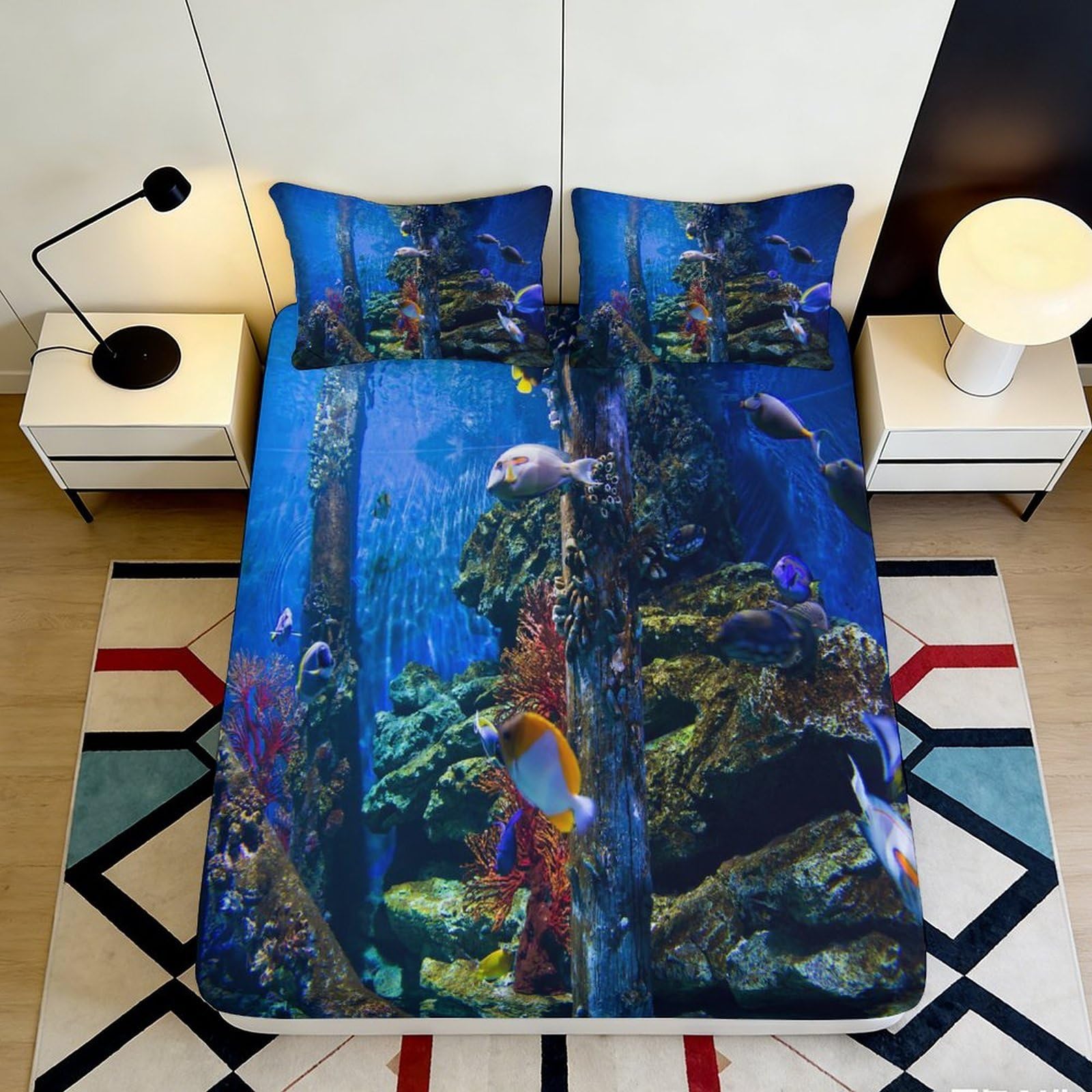 3D Printed Underwater Coral Reef Fitted Sheet Microfiber Soft Ocean Fish Mattress Cover for Bedroom Guest Room Decor 90x200x25cm