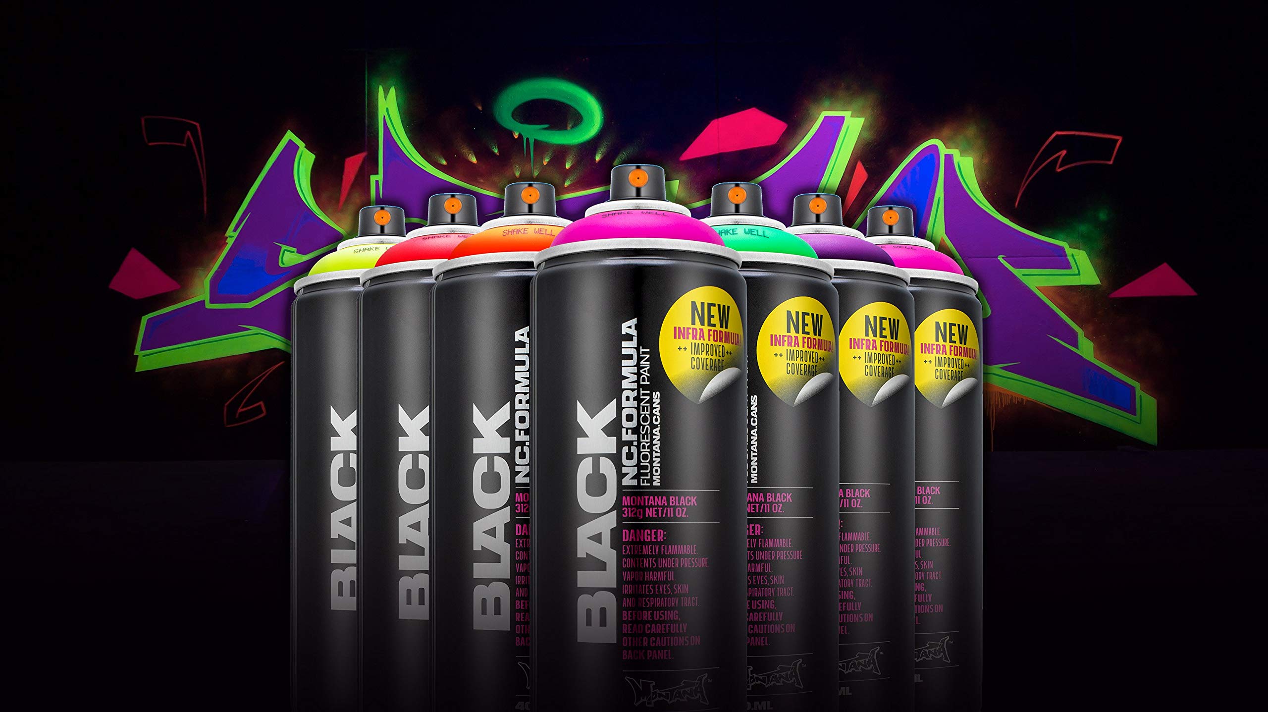 Bombolette spray Montana, colori fluorescenti al neon, 6 bombolette da 400 ml con testine di ricambio di design