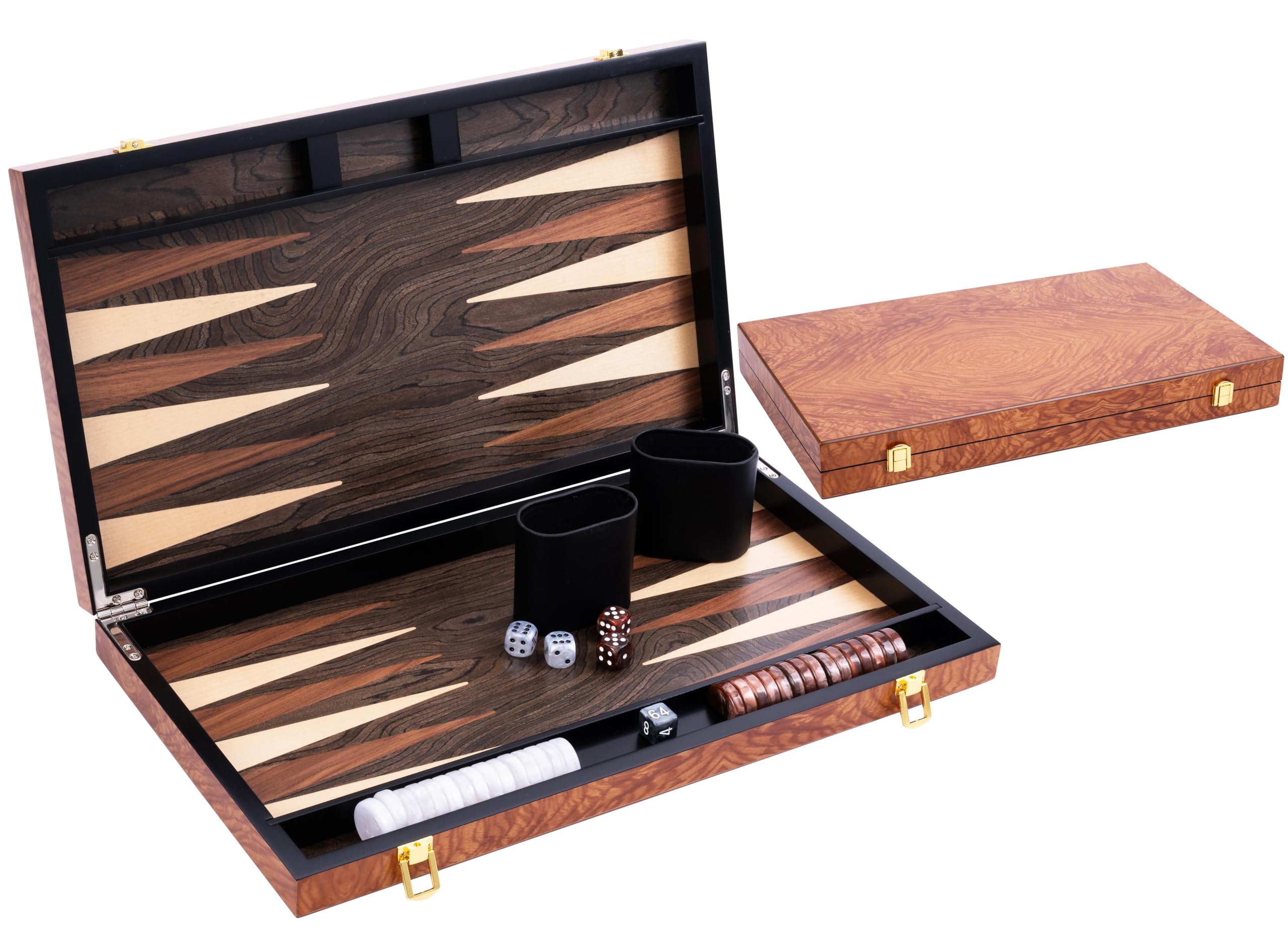 Engelhart 250541 Deluxe 18-inch Backgammon Set with Varnished Rosewood Veneer Metal Closure Pearly Dice, Chips, and Wooden Cups Included 2 Players Game Rules Included Ages 6+