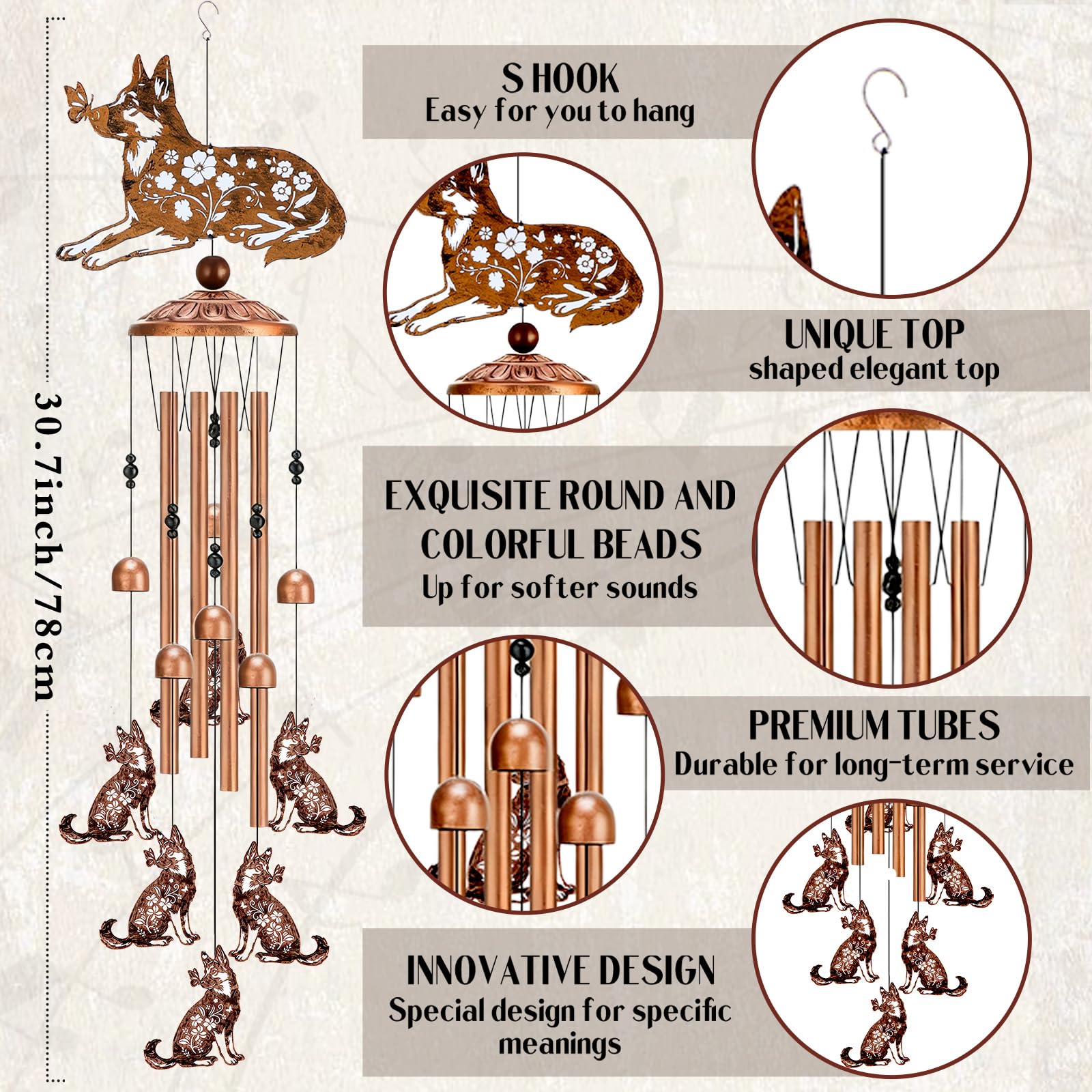 German Shepherd Gifts Windchimes - Metal Dog Wind Chimes for Outside Waterproof Art Hanging Garden Yard Patio Balcony Porch Decor Birthday Gift for Animal Lover Women Men Mom Grandma Friends