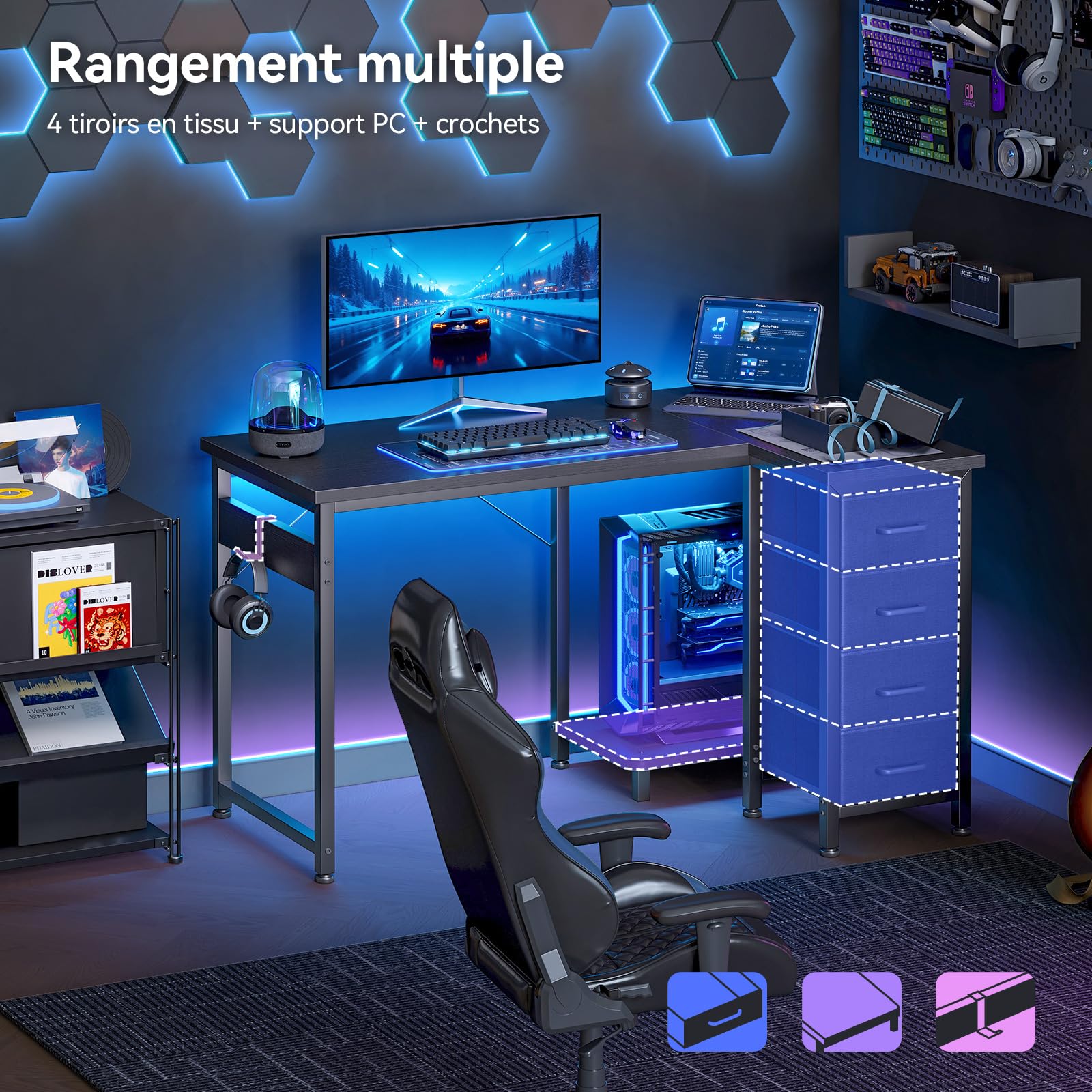 Coleshome Bureau d'angle avec 4 tiroirs, 100x70cm Bureau Gaming, Table Gaming réversibles pour Le Travail à Domicile, Noir