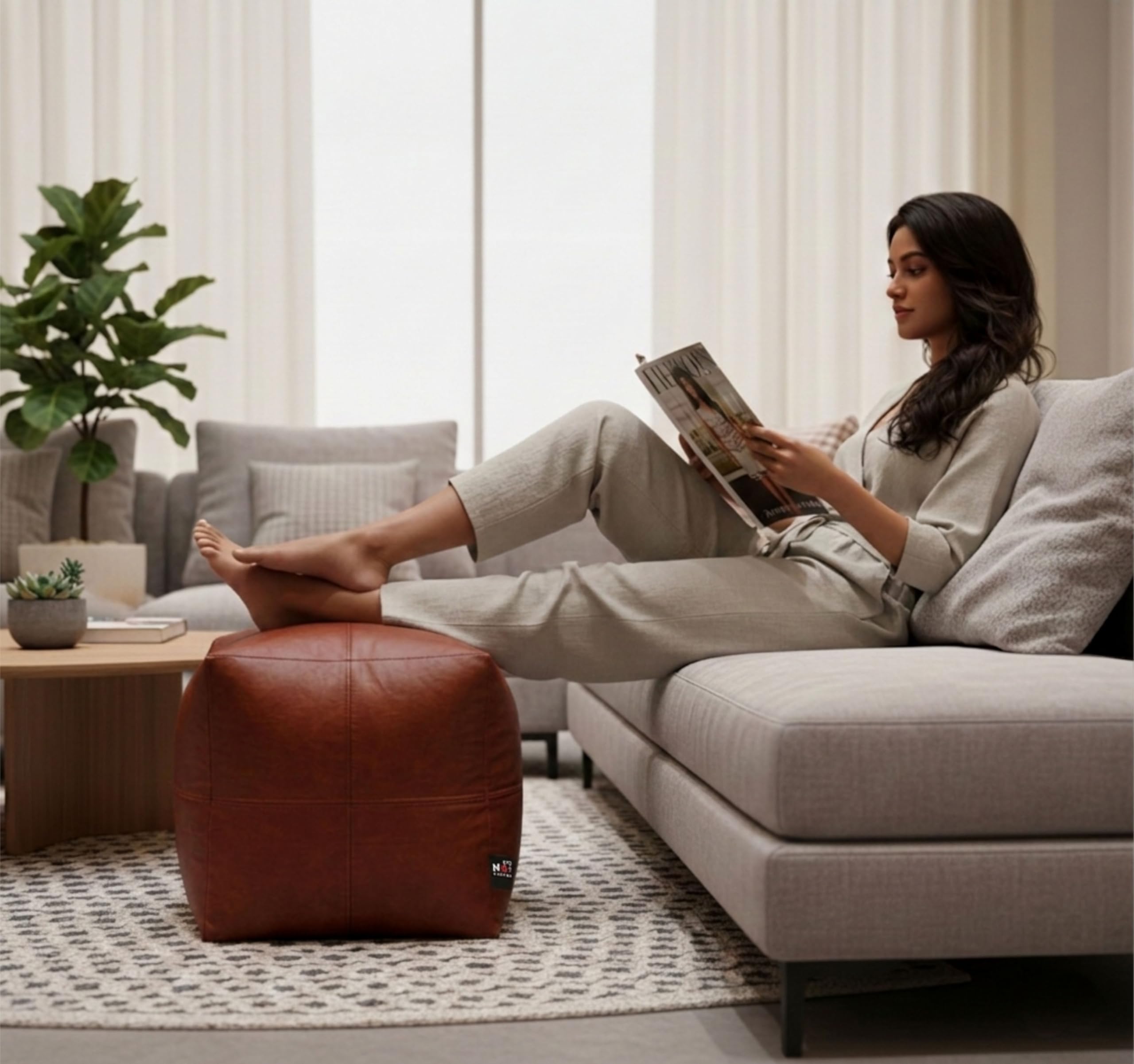 NEXT SPACE 16-Inch Premium Bean Bag Cube & Footstool – Multipurpose Ottoman Pouf for Living Room, Balcony, Bedroom & Kids | Durable Faux Leather, Multi-Colour (Tan Brown)-image-20