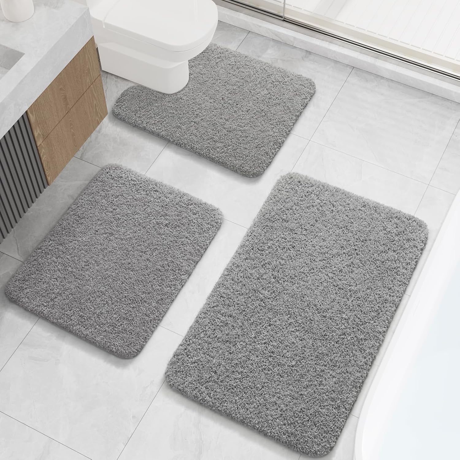 LOCHAS Bathroom Rugs Sets 3 Piece, Microfiber Bath Rug Set Non Slip Washable, Shaggy Toilet Rug Set Absorbent, Soft Cozy Bath Mat Set Quick Dry, Grey
