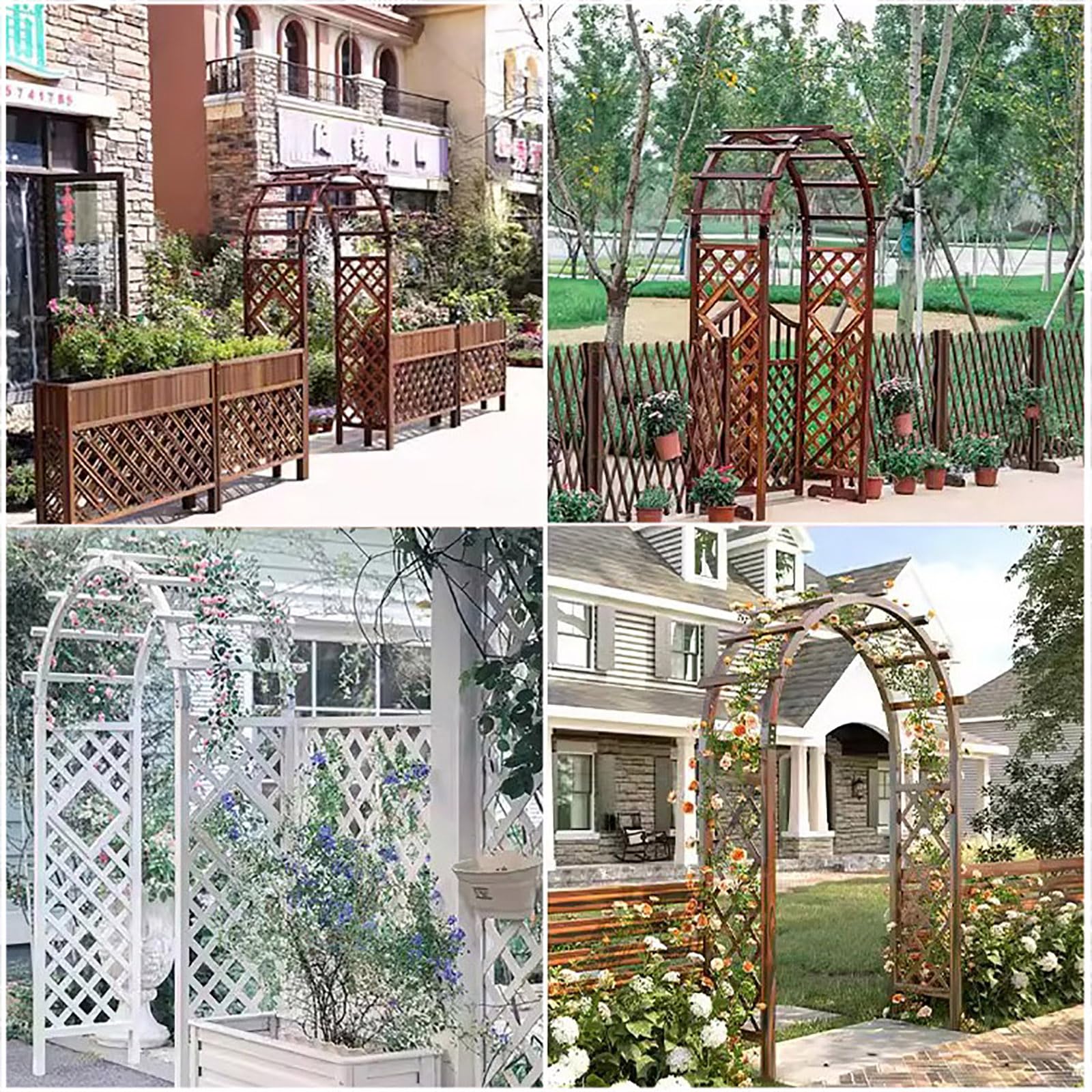 Drewniana altana ogrodowa, wytrzymała kratka do roślin pnących, tło do łuku weselnego na ceremonie plenerowe, rustykalna pergola na imprezę i trawnik