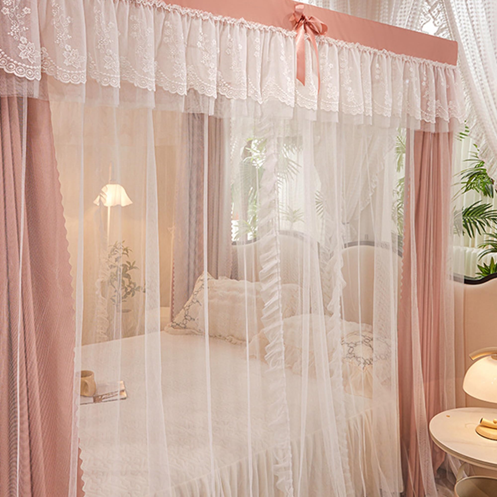 Himmelbett VorhäNge mit RüSchen, Prinzessin Canopy Bed Curtains, Drapiernetz mit 4 öFfnungen, Elegantes Moskitonetz für Mädchen und Erwachsene, Schlafzimmer, Dekoration,C,150 * 200cm* Without Stand