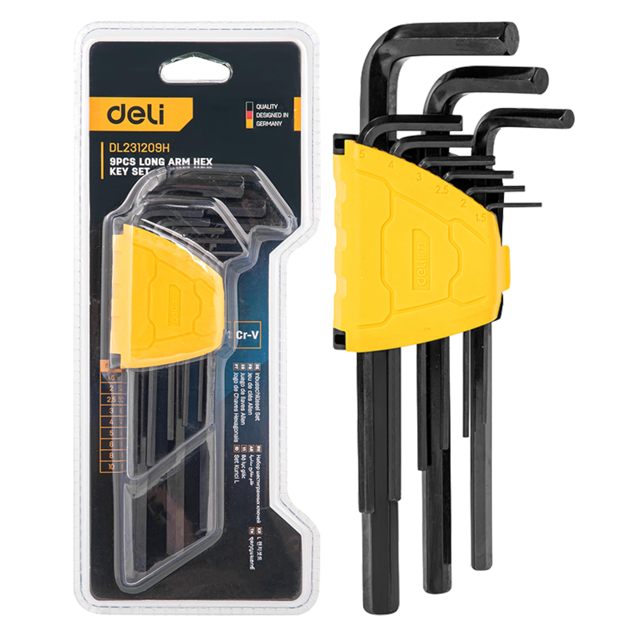 deli Hex Allen Key Set 1.5-10mm - 9pcs Long Arm Metric Allen Keys, Cr-V Chrome Vanadium Steel, Black Finish, Folding Holder