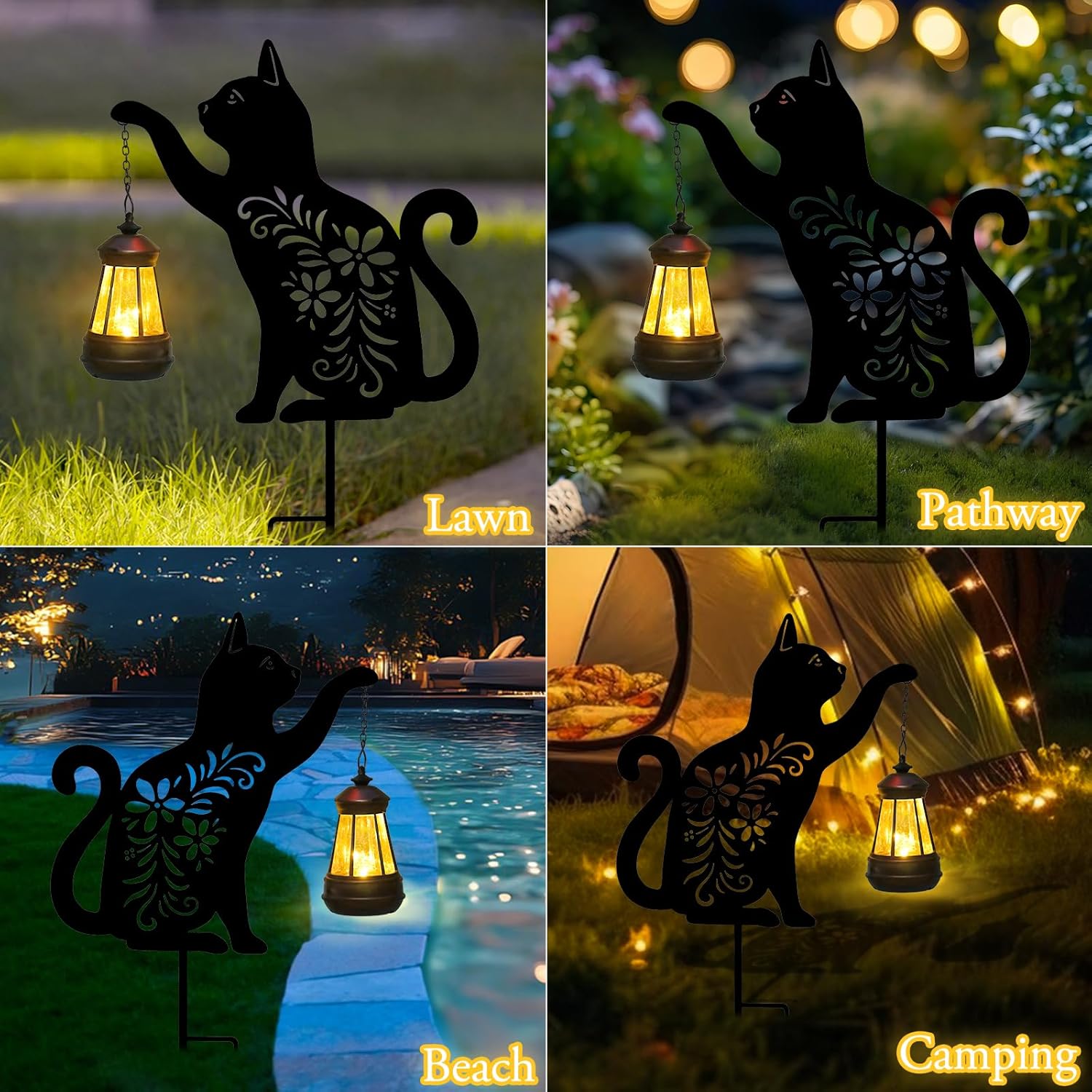 Afirst Solar Outdoor Garden Stake Solar Cat Decorative Stake Light with Lantern Decorative Lights Metal Outdoor Ornament for Yard Pathway Lawn Patio Decoration