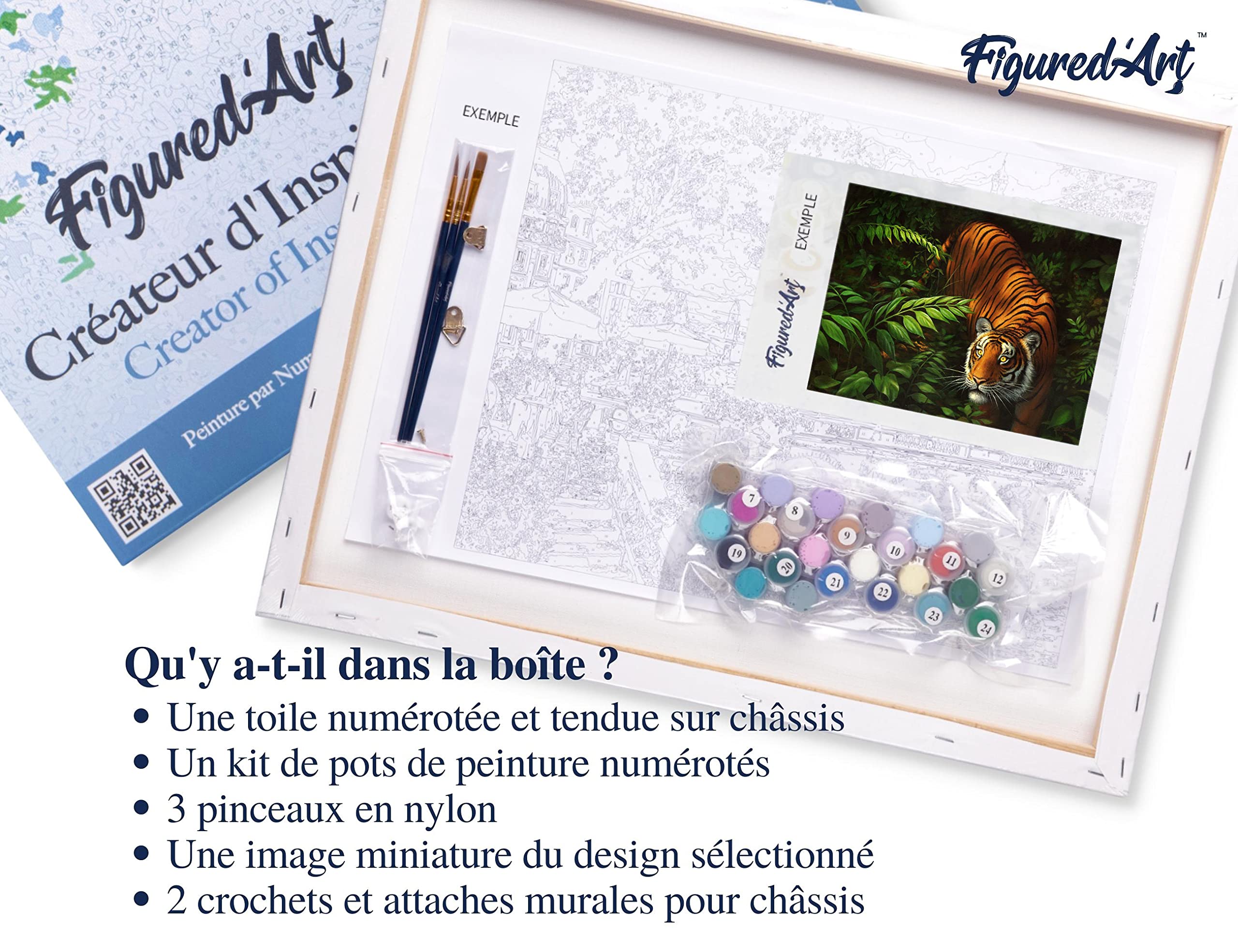 Figured'Art Malen Nach Zahlen Erwachsene Mit Rahmen Tiger im Farne - Paint by Numbers Basteln DIY Bastelset 40x50cm Leinwand gespannt auf Holzrahmen