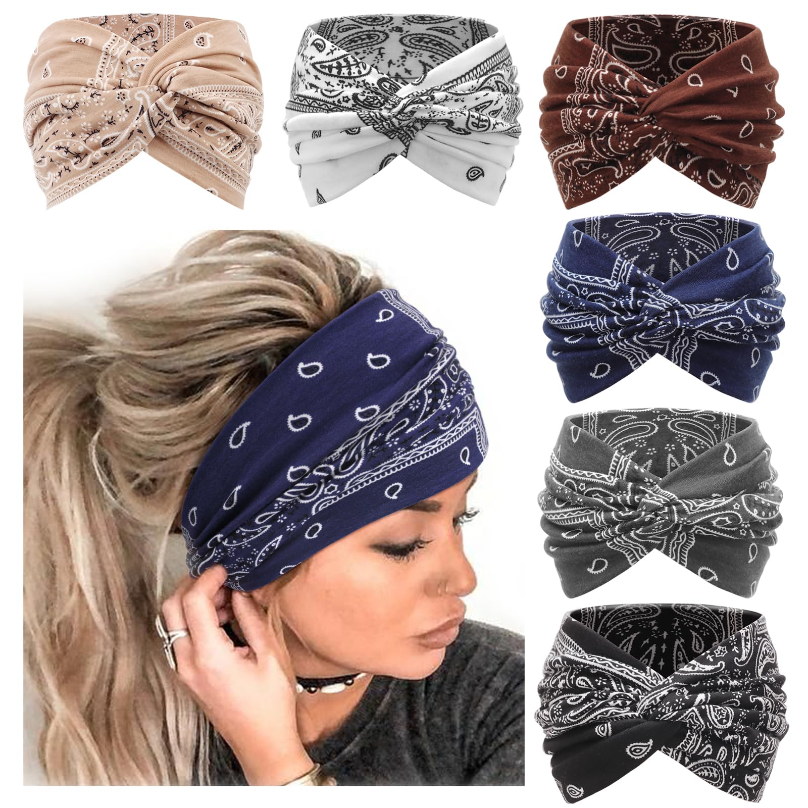 AQOKKA Extra Wide Headbands for Women Large Turban Headband Non Slip Boho Elastic Hairband Hair Twisted Knot Head Bands Accessories