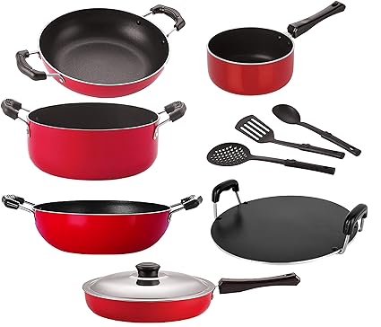 Nirlon Non Stick Pots and Pans Non Stick Cookware Set of 9 Pieces with Bakelite Handle { 26_KD13_KD14_SPM_RT_Cass20_FP12_3SPN }