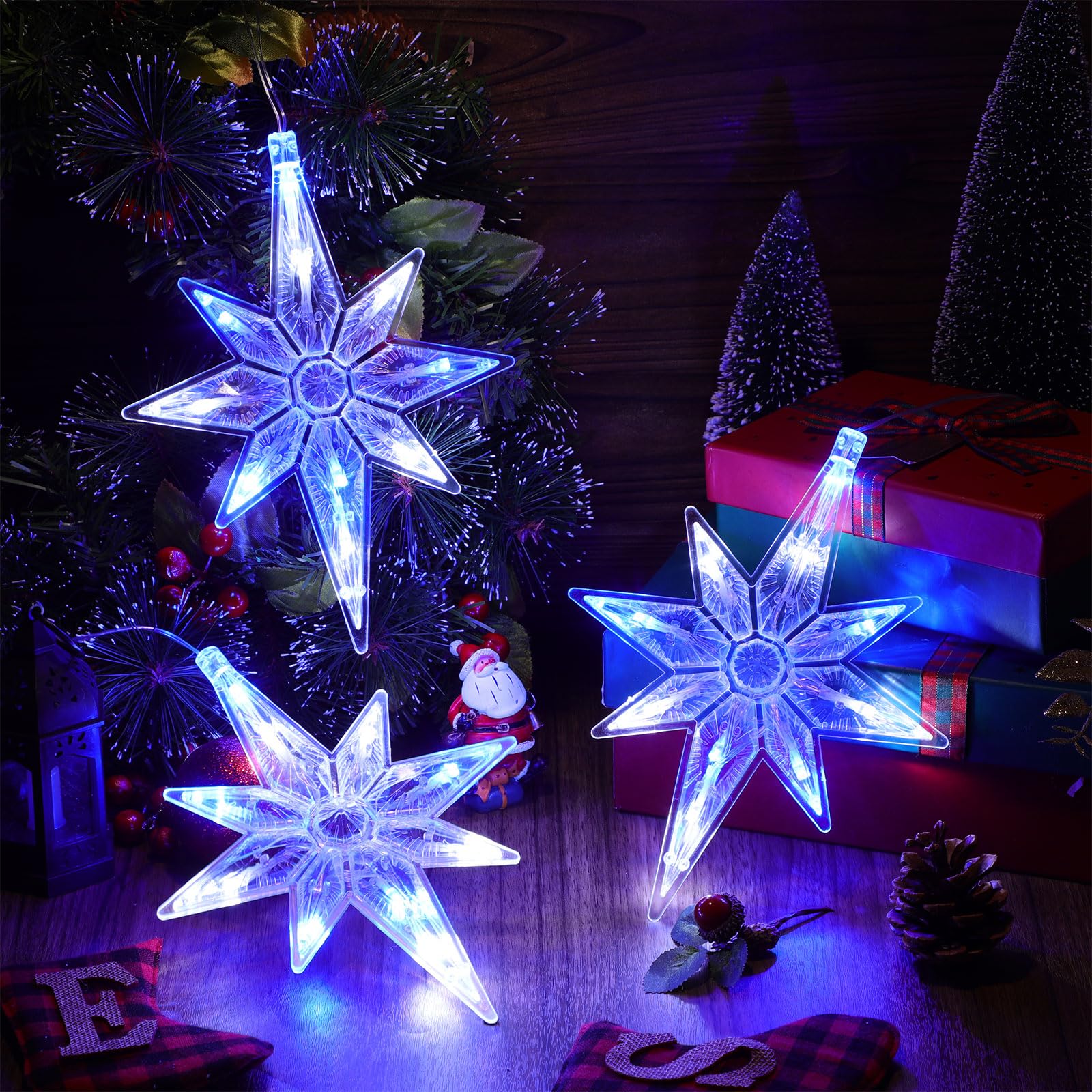 Tujoe Lot de 12 lumières de fenêtre lumineuses avec minuterie, ventouse, fonctionne à piles pour Noël, vacances, Nouvel An, extérieur et intérieur (étoile de Bethléem, bleu blanc)
