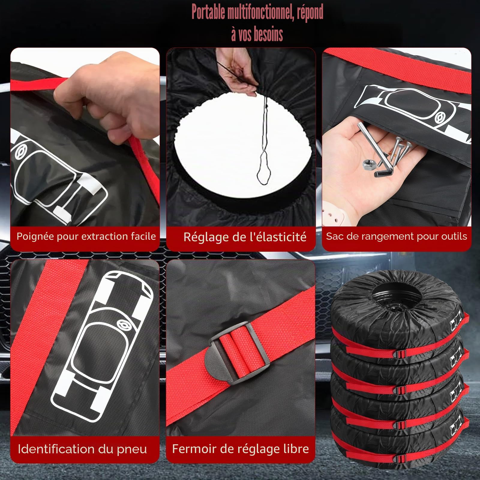 Lot de 4 Housses de Pneus de Secours de Voitur 18-22 In, Housse Roue de Secours de Rechange Universelle, Imperméable, Anti Poussière Neige, Housses de Protection de Roue Voiture avec poignée renforcée