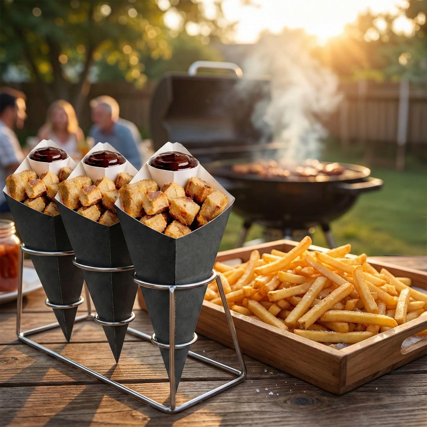 Restaurantware Conetek 10-Inch Eco-Friendly Black Finger Food Cones with Built-in Condiment Dipping Pocket: Perfect for Appetizers - Food-Safe Paper Cone - Disposable and Recyclable - 100-CT