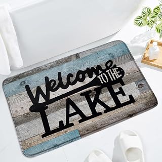 Rustic Lake Rules Bath Mat Lake Life Farmhouse Vintage Barn Door Wooden Inspirational Quotes Lakeside Cabin Lodge Camping Country Decor Bathroom Rug Floor Mat