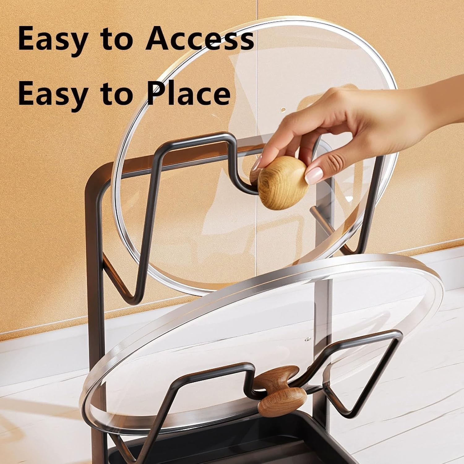 Kitchen Pot Lid Storage Rack, 304 Stainless Steel Pot Lid Holder While Cooking, Multifunctional Kitchen Pot Cover Organizer for Countertop, With Removable Drip Tray (Beige double-layer)