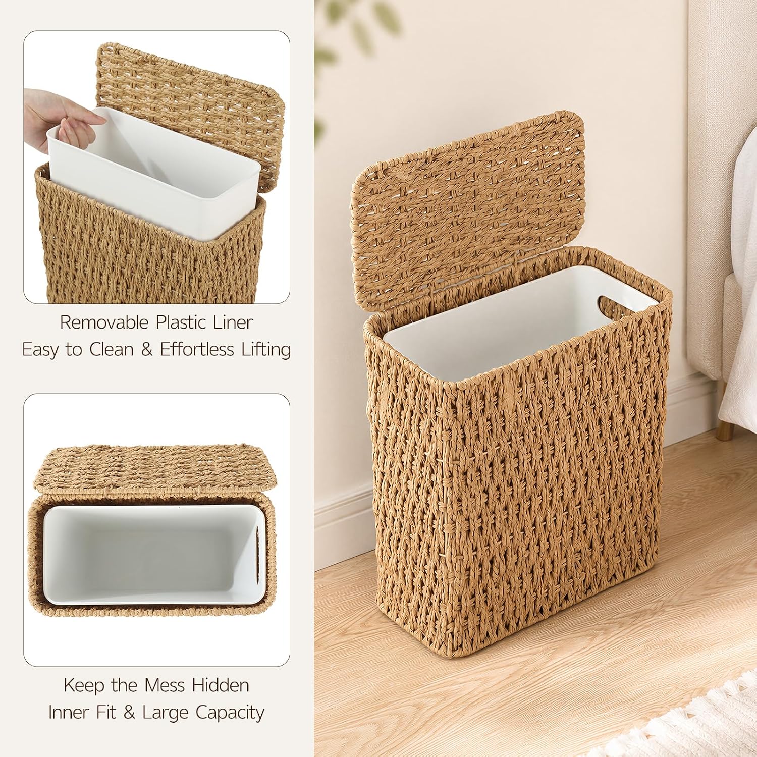 Endymion 3 Gallon Wicker Trash Can,Paper Rope Bathroom Trash Can with Lid