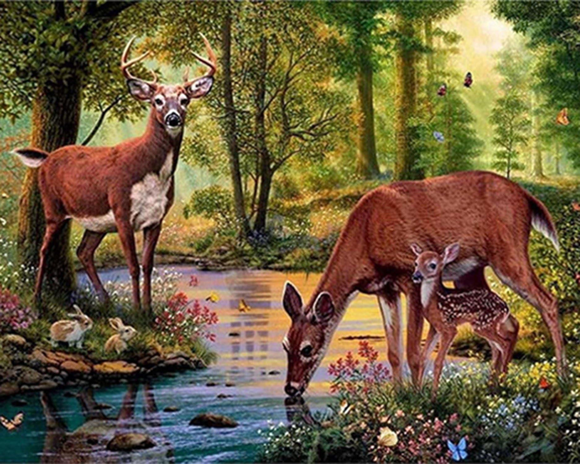 ZHENC 5D Deer Family Drank Water Forest Stream DIY Square Diamond Painting Animals Embroidery Full Drill Craft Decor Cross Stitch Kits