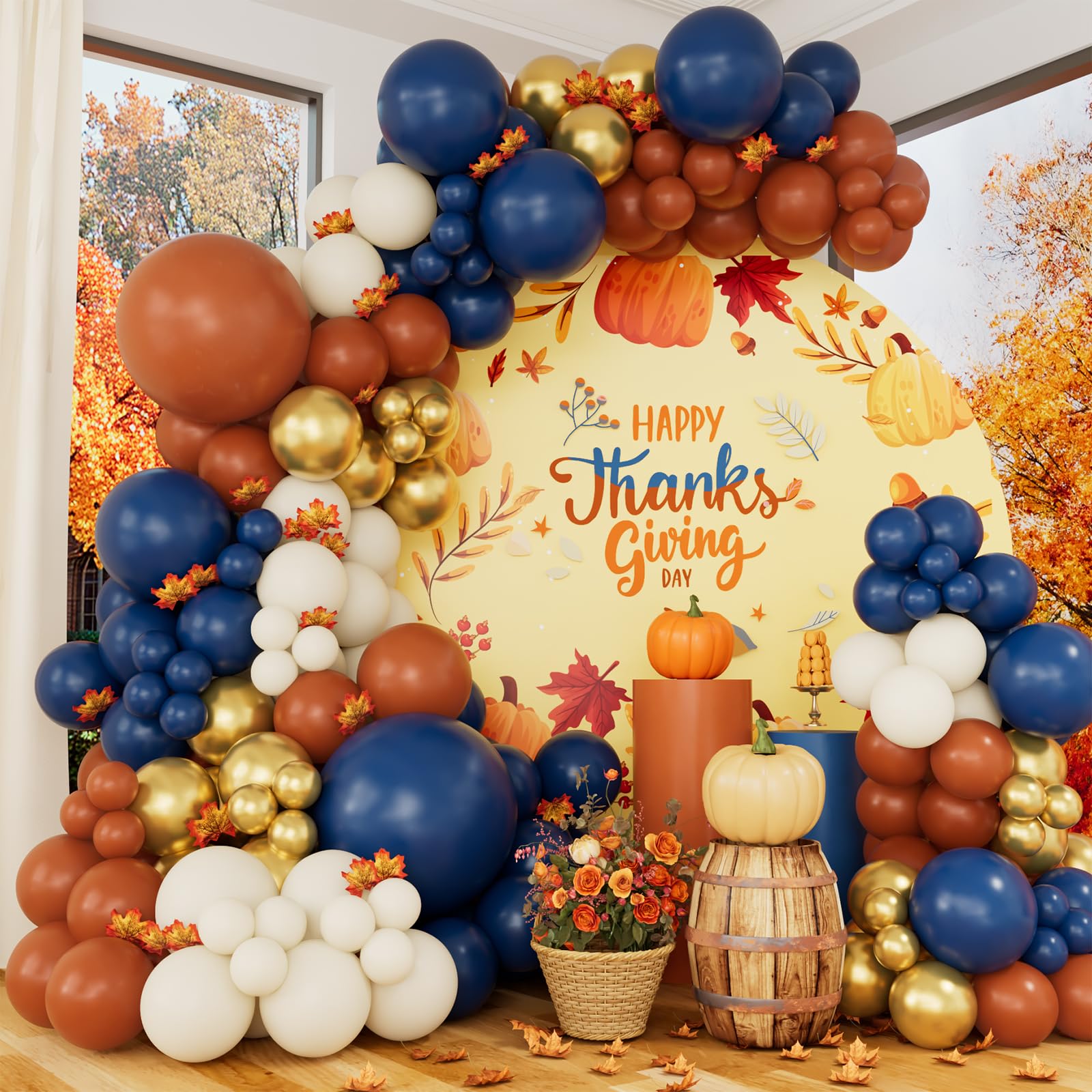 Navy blue Balloons Garland Arch Kit, Double Stuffed Orange navy blue Gold White Balloons for Birthday party Autumn Baby Shower Party Decorations