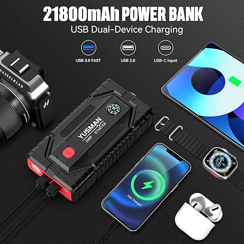 Miniatura 4 de Arrancador, arrancador de coche de 7000 A, paquete de arranque de batería de 12 V, cargador portátil y cables de puente para todos los motores de