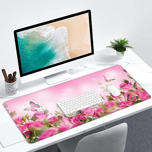 Miniatura 6 de Tapete de escritorio, diseño de mariposa floral rosa primaveral, grande, para juegos, para escritorio, base de goma antideslizante, 31.5 x 15.7