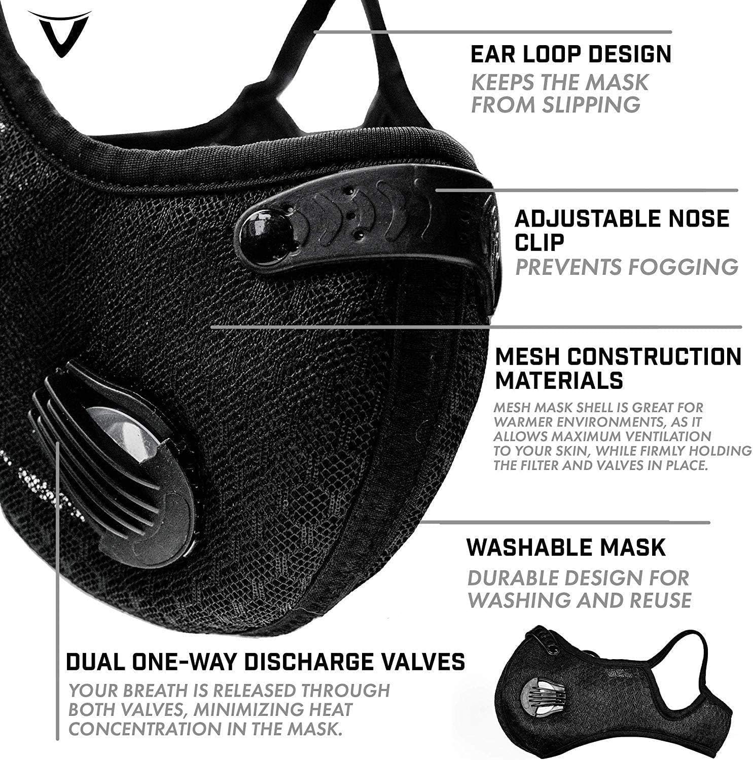 1 Pack Unisex Protect Mouth Cover Adjustable Reusable with 8 Filters for Allergies Woodworking Running Sanding Mowing-Black