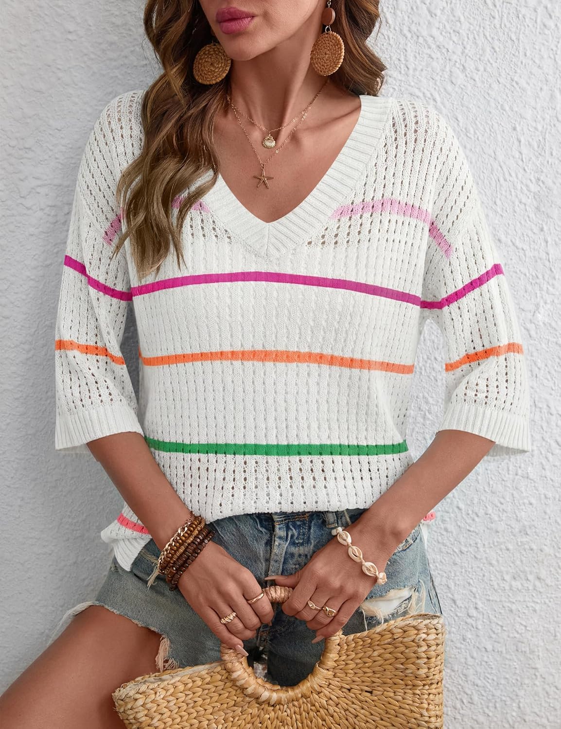 Rapbin Women's Crochet V Neck Beach Cover Up 3/4 Sleeve Hollow Out Knitted Pullover Sweater - Image 3