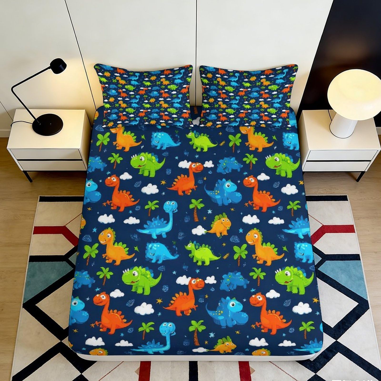 3D Printed Colourful Cartoon Dinosaur Fitted Sheet Microfiber Soft Breathable Jungle Bed Cover for Bedroom Dorm Decor 90x200x25cm
