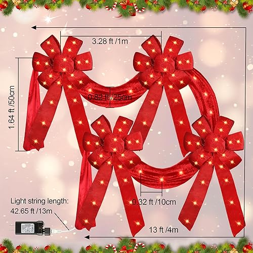 Miniatura 5 de Enhon Paquete de 4 cintas de Navidad iluminadas y lazos para decoración de vallas, 13 pies de largo 20 x 11 pulgadas, guirnalda de lazos de Navidad