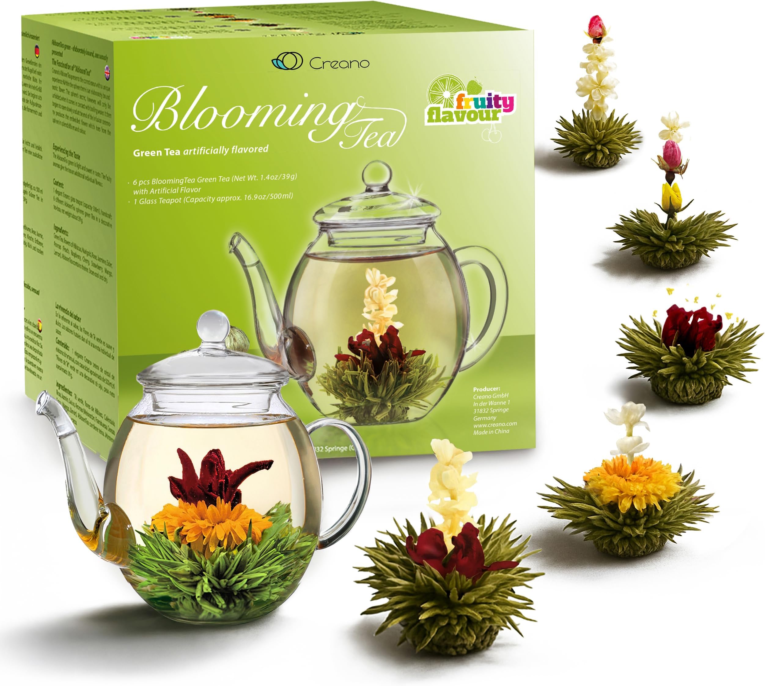 Creano Blooming Tea Gift Set with Glass Teapot 17oz (500ml) - Green Tea Fruity Flavoured Tea Flowers in 6 Varieties - Flowering Tea Gift for Easter