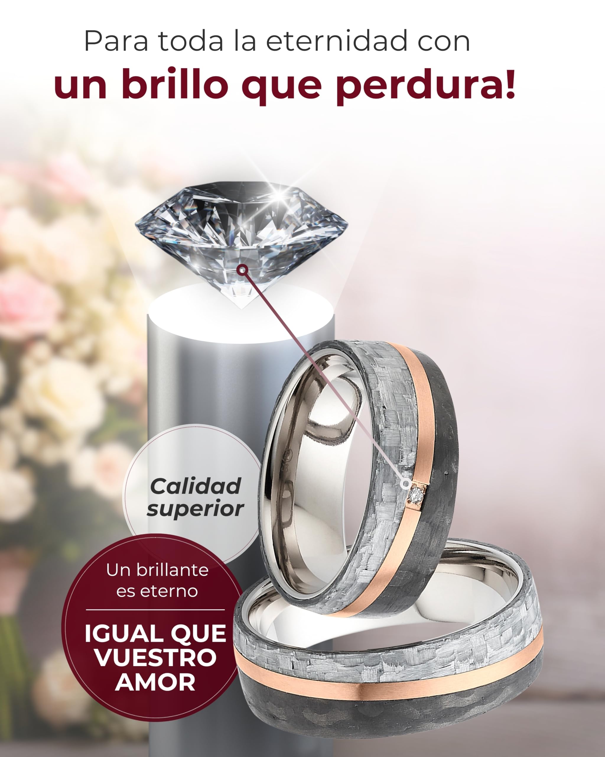 123traumringe Anillos de boda de carbono, titanio y con baño de oro rosado, precio por par con 1 brillante, incluye grabado, alianzas de titanio para él y ella, anillos de boda, S88
