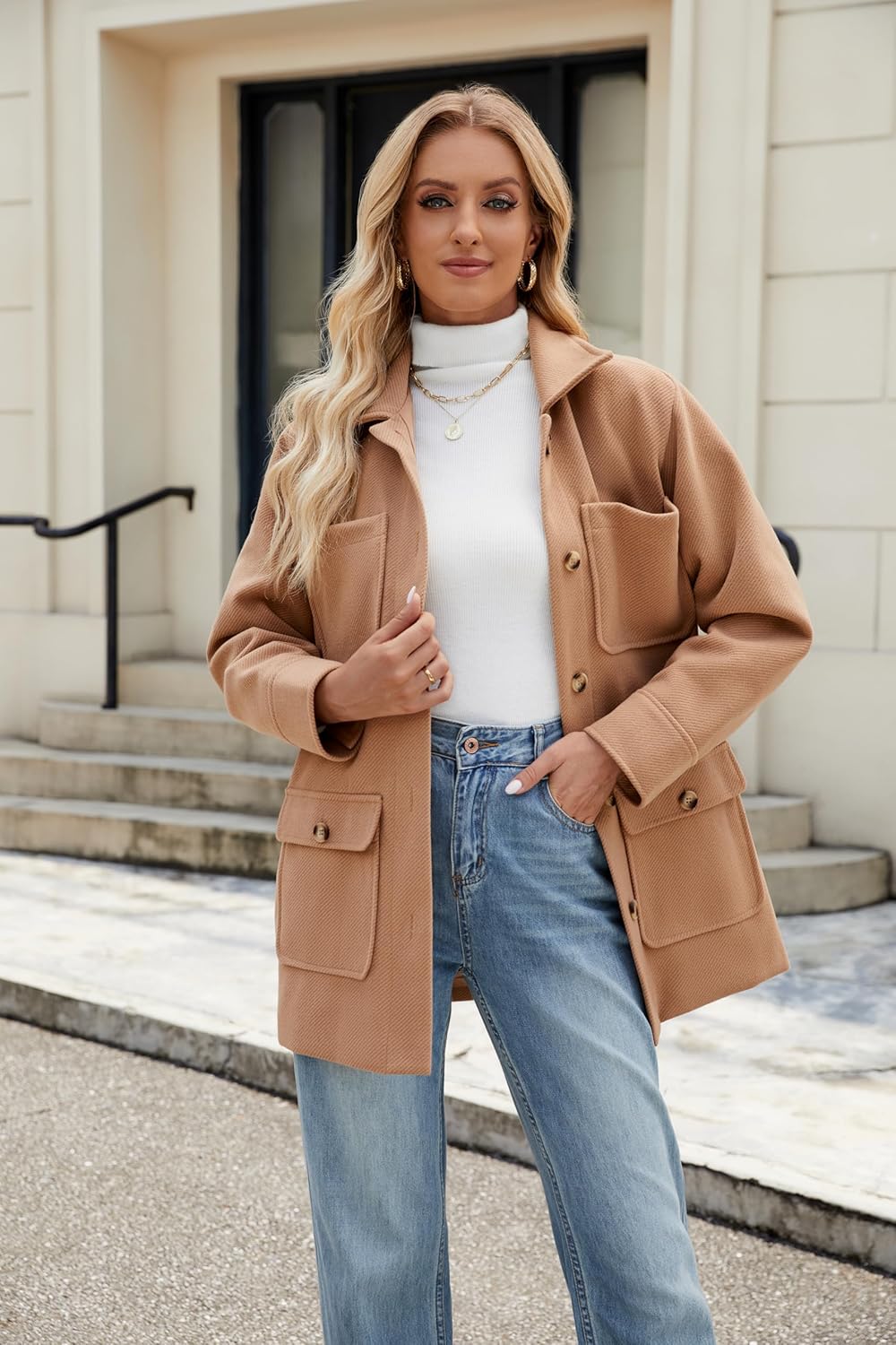 Omoone 2025 Winter Elegant Womens Pea Coat Mid Long Wool Coat Wool Blend Trench Coat with Pockets - Image 3