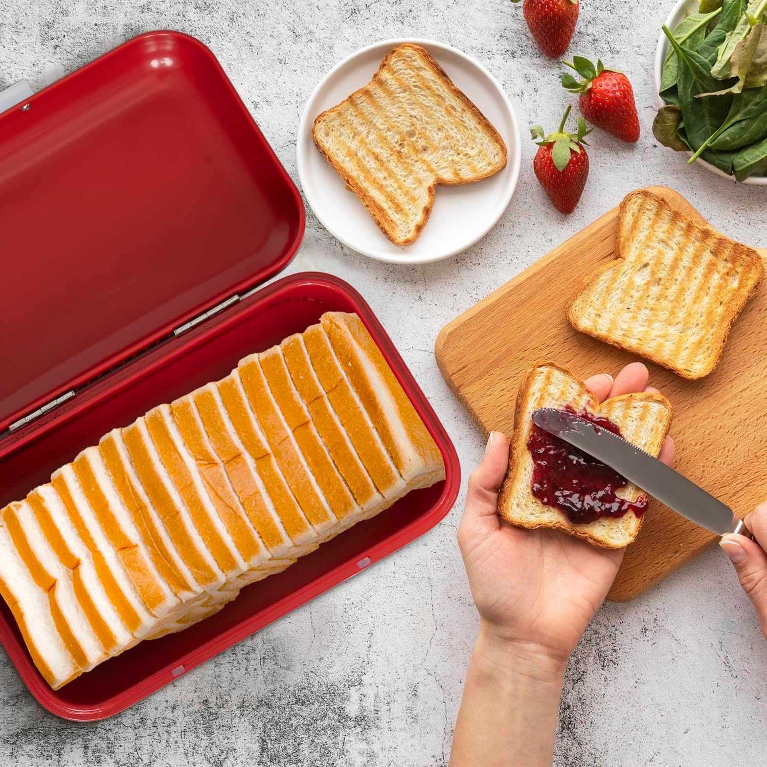 Plexon Red Bread Box for Kitchen Countertop with Lid and Clear Window, Metal Bread Storage Container