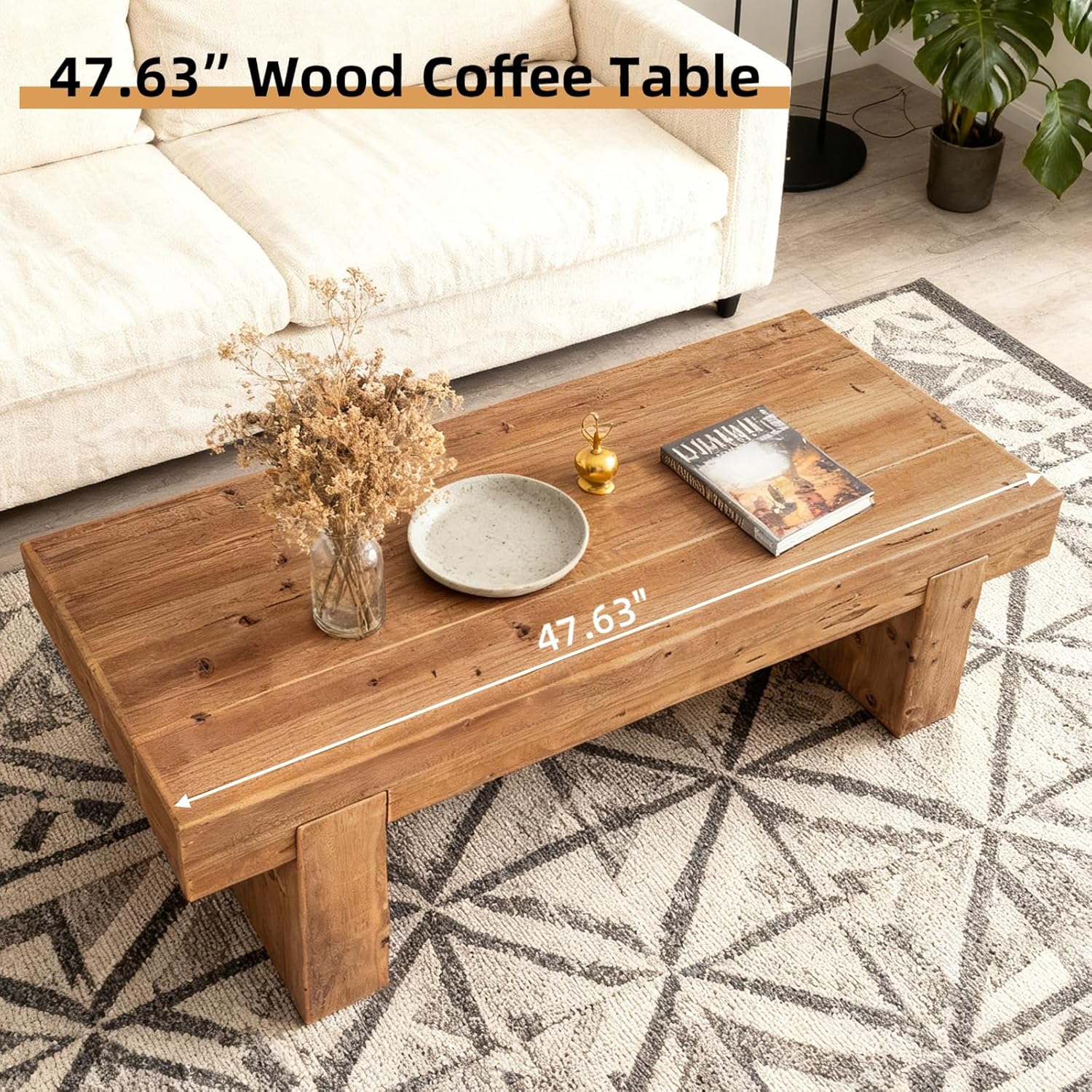 SSLine Solid Wood Coffee Table 47.6-Inch Rectangular Coffee Table for Living Room,Farmhouse Cocktail Center Tables with Thicken Top and Sturdy Legs,Walnut