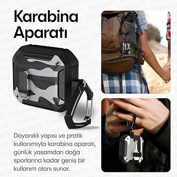 Teknoft Samsung Galaxy Buds 3 Pro, Buds 3 ve Buds 3 FE ile Uyumlu Mandallı Kapak Kilit Sistemli Mat Dokulu Darbelere Dayanıklı Kamuflaj Silikon Kılıf (Siyah)